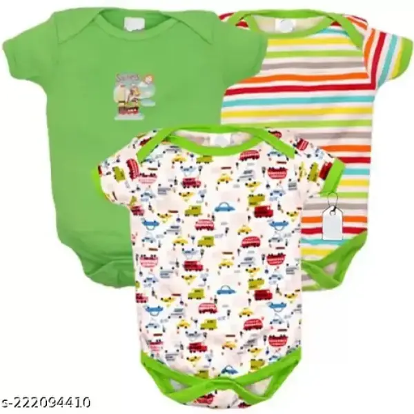 100% Cotton Baby Bodysuit Short Sleeve Half Romper Pack of 3 green