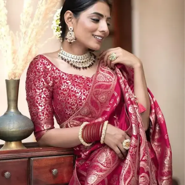  Woven, Embellished Kanjivaram Silk Blend, Jacquard Saree