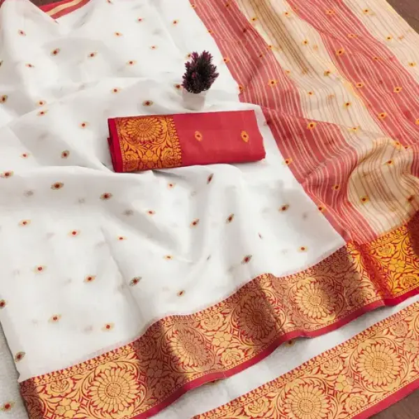 White/Red Cotton Silk Saree