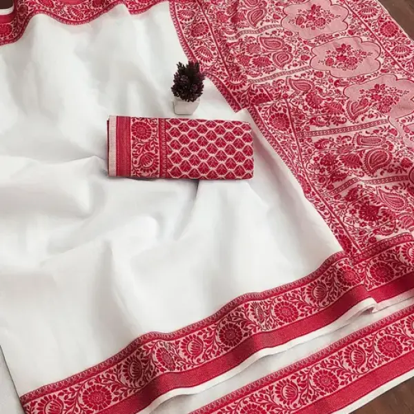 White/Red Banarasi Cotton Silk Saree