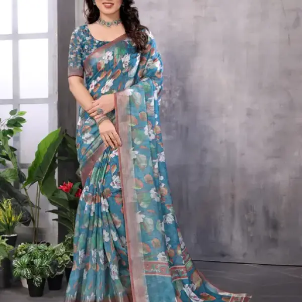 Floral linen cotton printed saree