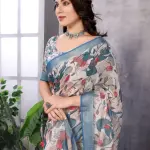 Floral linen cotton printed saree