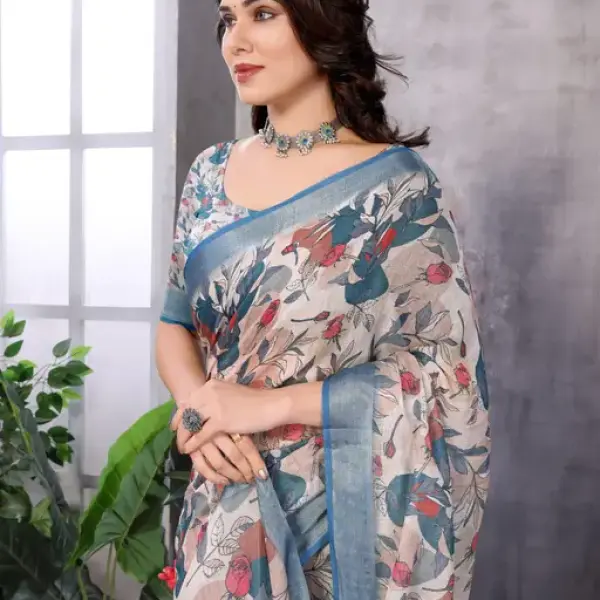 Floral linen cotton printed saree