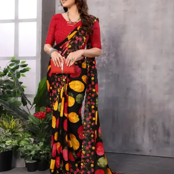  Polka Dot Blue Printed Georgette Printed Saree