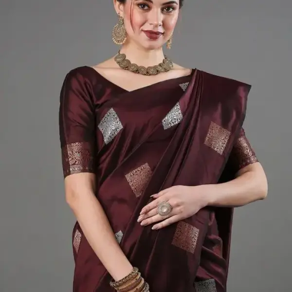 Women's Copper & Silver Zari Weaving Banarasi Soft Silk Beautiful Ethinic Wear Saree