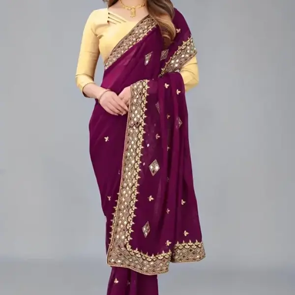 HEAVY KAJU DESIGN EMBROIDERY WORK WITH MIRROR SAREE