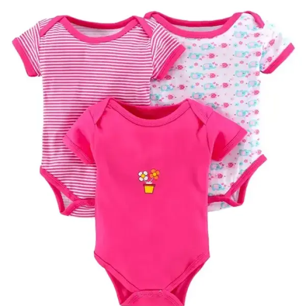 100% Cotton Baby Bodysuit Short Sleeve Half Romper Pack of 3 Soft & Comfortable for Kids Pink
