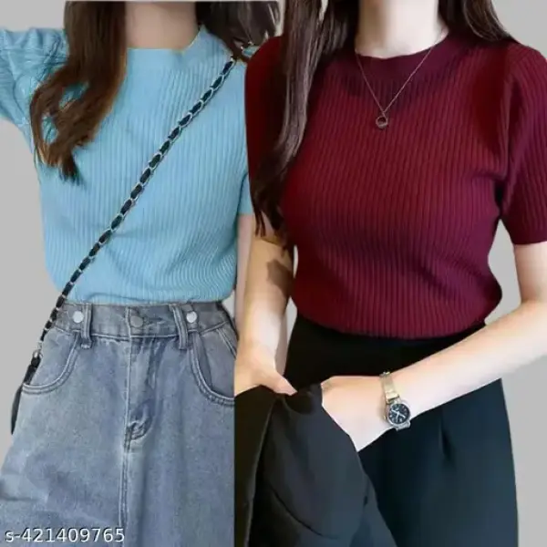 Women Round Neck Half Sleeve Casual Wear Rib Crop Top Pack Of 2