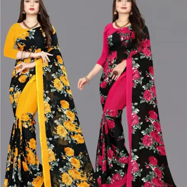  Combo Floral Sarees, Set of 2, Georgette Printed Sarees