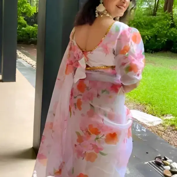 Bollywood White colour Floral Organza Saree
