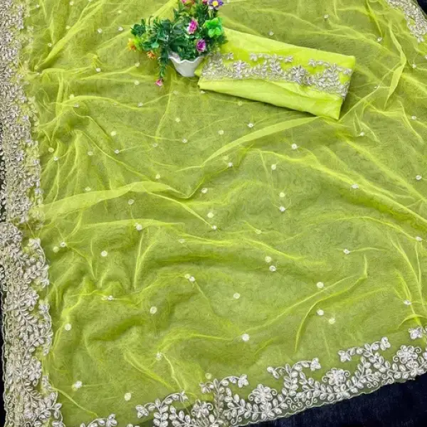 Assam Silk Net Yellow Beads & Stones Saree