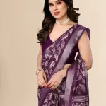 Women Silver Jari Border Linen Printed Saree