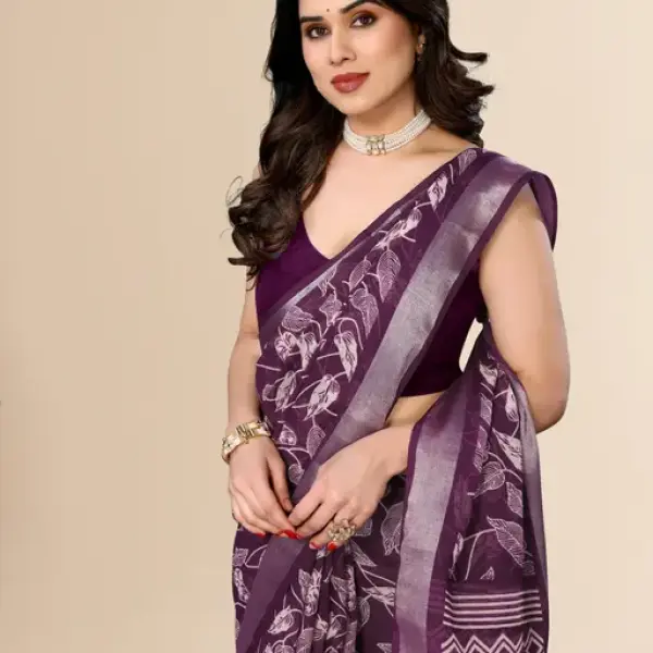 Women Silver Jari Border Linen Printed Saree