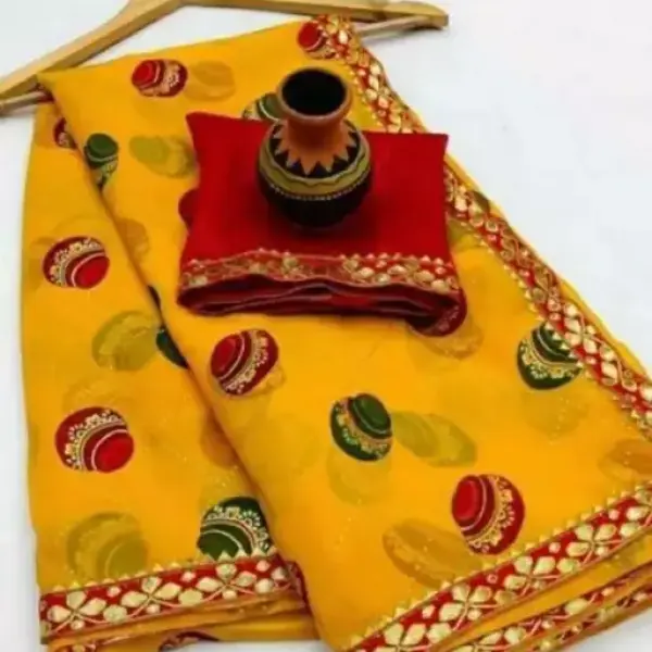 Yellow colored Matka Georgette Saree with Lace border and Blouse