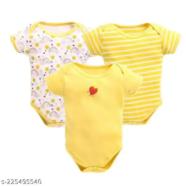 100% Cotton Baby Bodysuit Short Sleeve Half Romper Pack of 3 Soft & Comfortable for Kids Yellow