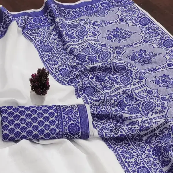 White/Blue Cotton Silk Saree