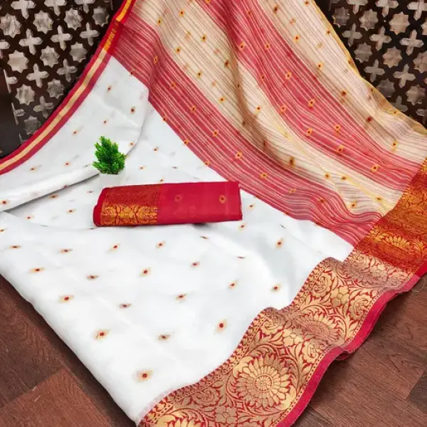 White/Red Cotton Silk Saree