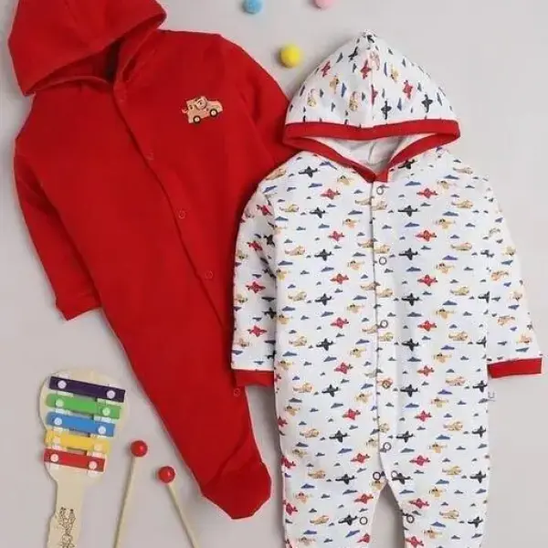 Baby Front Open Full Sleeves Sleepsuit Hooded with Foot Easy Dressing and Diapering Romper Set of 2