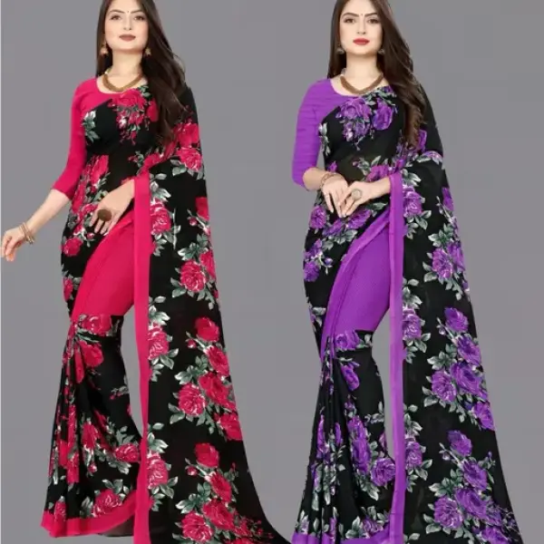  Combo Floral Sarees, Set of 2, Georgette Printed Sarees