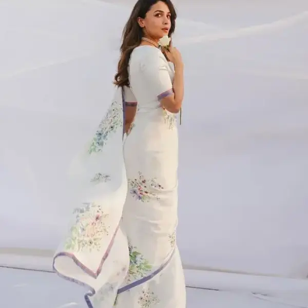 Digital Print Pure Linen White Saree