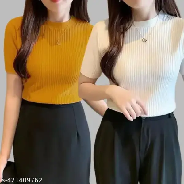 Women Round Neck Half Sleeve Casual Wear Rib Crop Top Pack Of 2