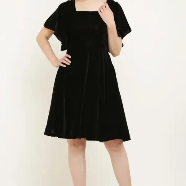 Women Black Square Neck Velvet Dress