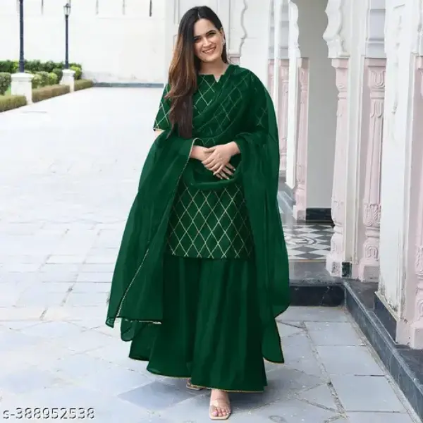 Women's Trendy Design Cotton Kurta Sharara Set With Dupatta