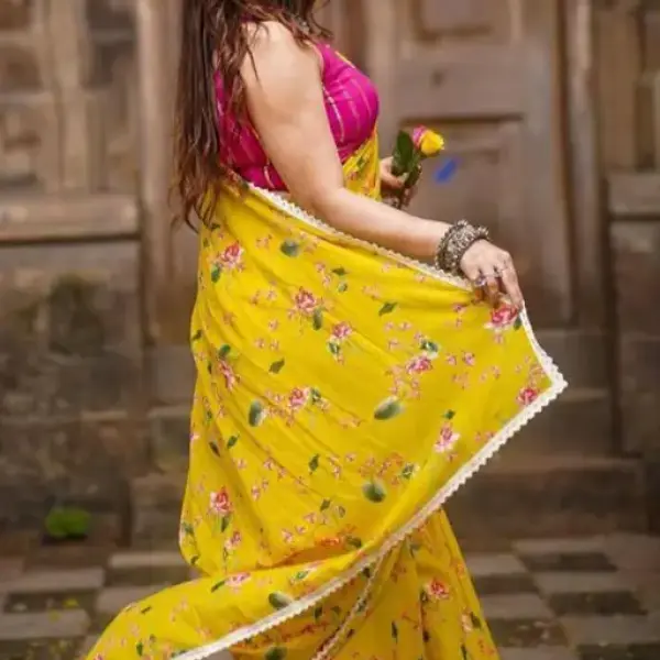 Beautiful zari border and attractive digital printed softy linen silk saree