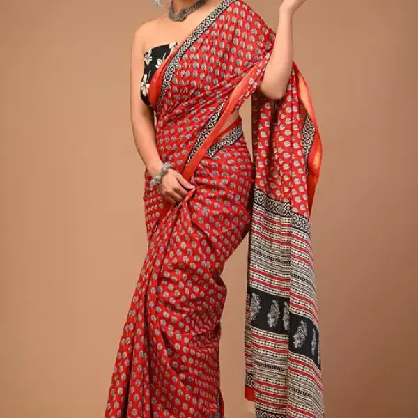  Premium quality soft zari cotton mulmul vanaspati Ajrakh printed saree