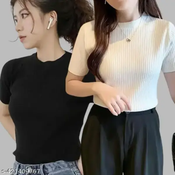 Women Round Neck Half Sleeve Casual Wear Rib Crop Top Pack Of 2