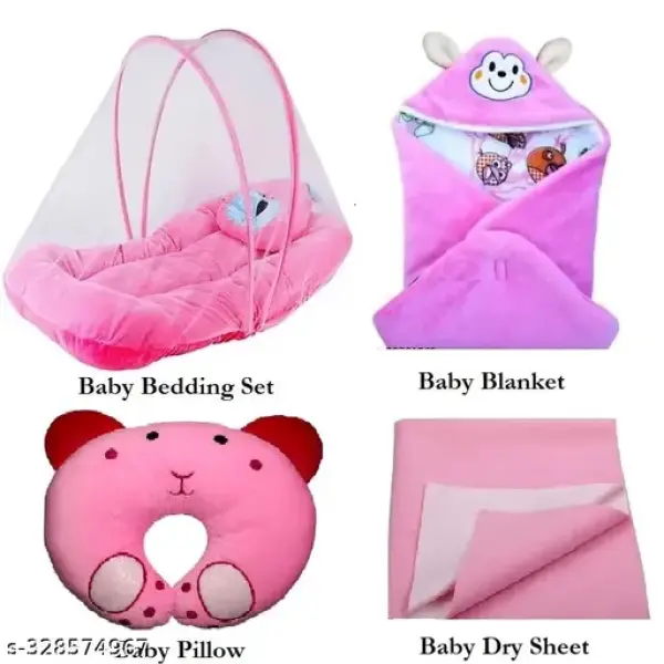 New born baby combo Baby health product baby mosqutio protection net baby urin mat bed matters protection mat baby neck pillow Pink