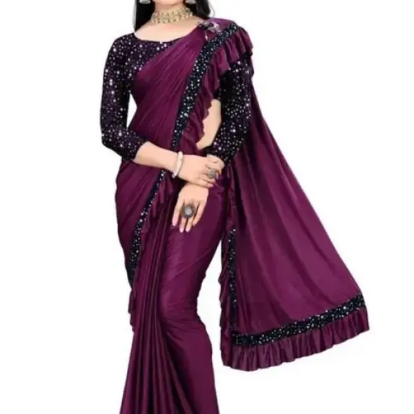 Ready To Wear Lycra Blend Purple Ruffle Saree