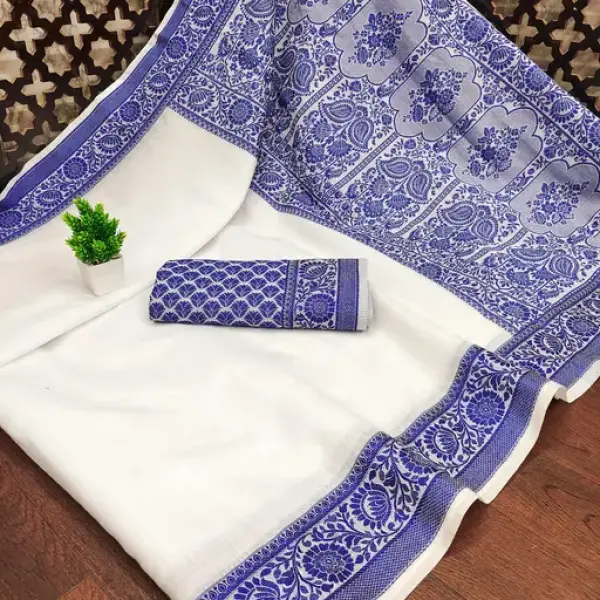 White/Blue Cotton Silk Saree