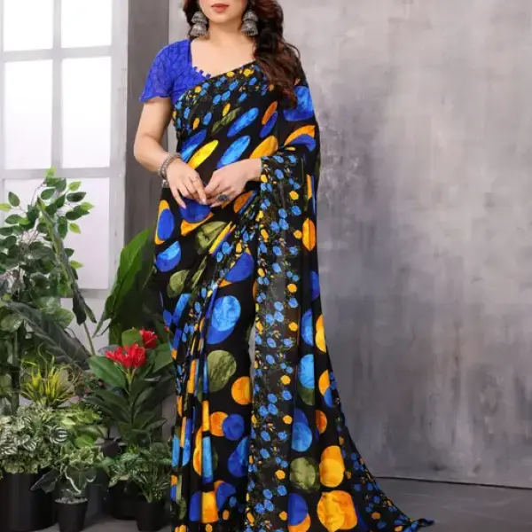  Polka Dot Blue Printed Georgette Printed Saree