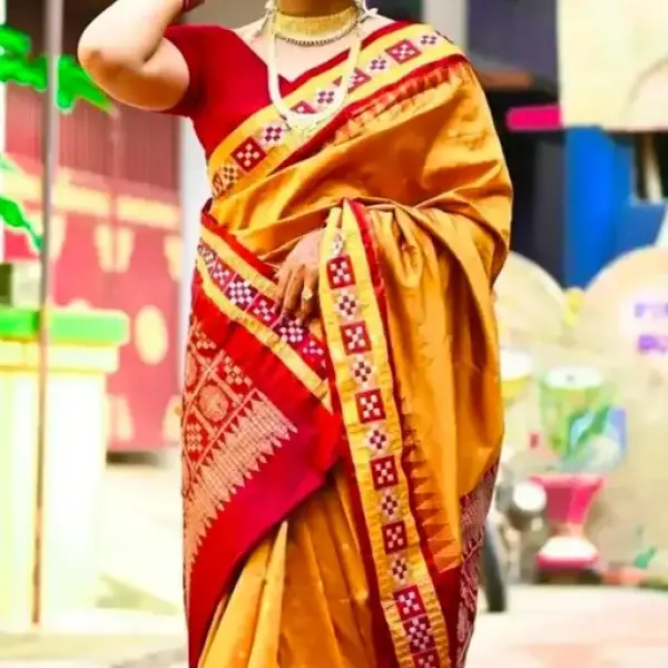  Latest Sambalpuri Mustard Color Patta Silk Zari Woven Pallu Saree