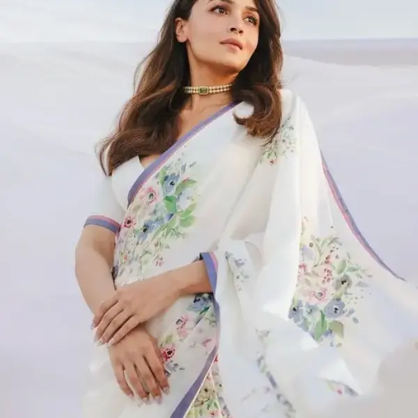 Digital Print Pure Linen White Saree