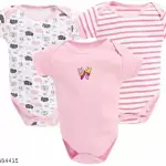 100% Cotton Baby Bodysuit Short Sleeve Half Romper Pack of 3 pink