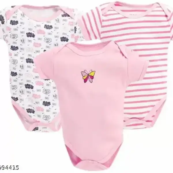 100% Cotton Baby Bodysuit Short Sleeve Half Romper Pack of 3 pink