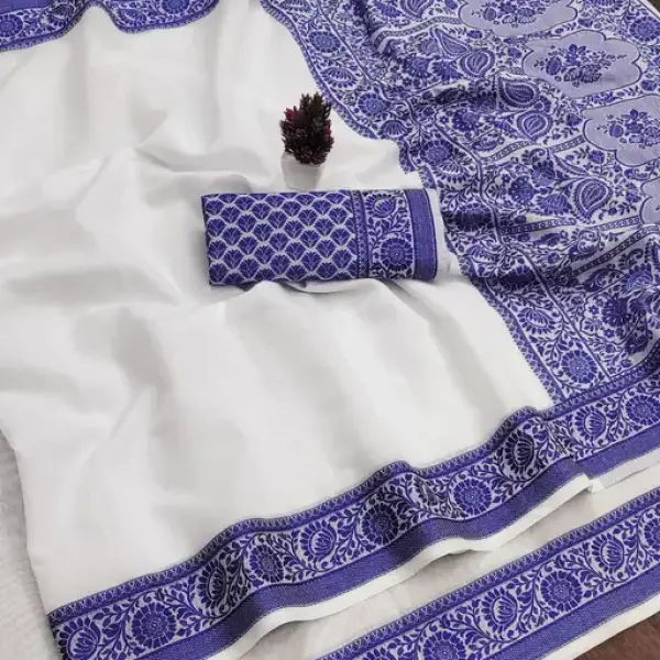 White/Blue Cotton Silk Saree