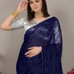 Silk Blend Navy Blue Striped Saree