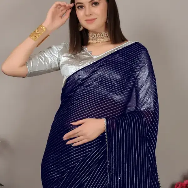 Silk Blend Navy Blue Striped Saree
