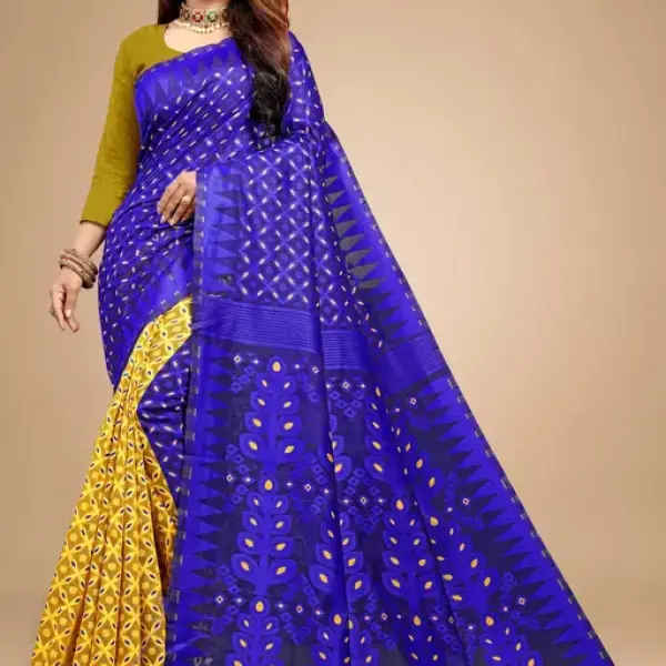  Cotton Linen Meenakari Jamdani Woven Saree