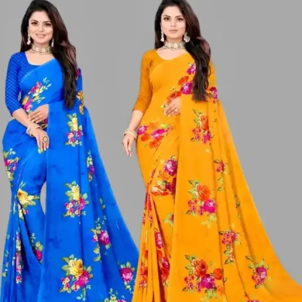  Combo Floral Sarees, Set of 2, Georgette Printed Sarees
