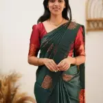  Green Red Floral Print Banarasi Cotton Silk Saree