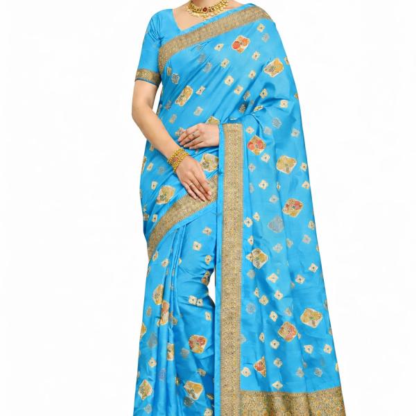 Women's Self Design Bandhani Cotton Blend Saree  (Sky Blue)