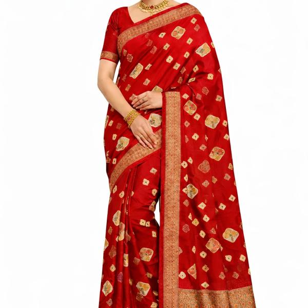 Women's Self Design Bandhani Cotton Blend Saree  (Red)