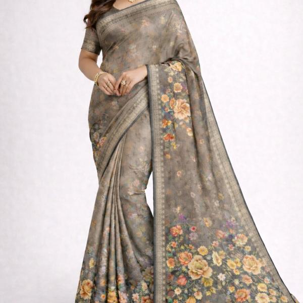 Women's Silk Blend Saree  (Khaki)
