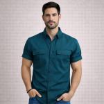 Double Pocke Regular Fit Spread Collar Solid Cotton Casual Shirt for Men