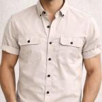 Double Pocke Regular Fit Spread Collar Solid Cotton Casual Shirt for Men