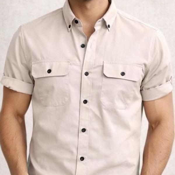 Double Pocke Regular Fit Spread Collar Solid Cotton Casual Shirt for Men